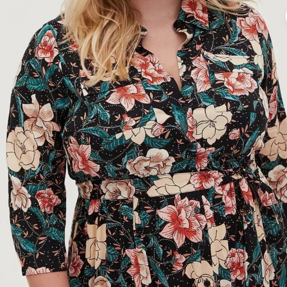 Torrid size 3 Black Floral Midi Challis Shirt Dress - Picture 2 of 8